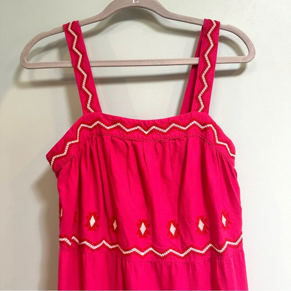 Loft Embroidered Linen blend Boho tiered bright Pink Midi Dress, size small